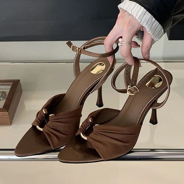 Liyke Fashion Hollow Out Metal Buckle Woman Sandals Cozy Silk Ankle Strap Sexy Pointed Toe High Heels Party Dress Shoes 260602