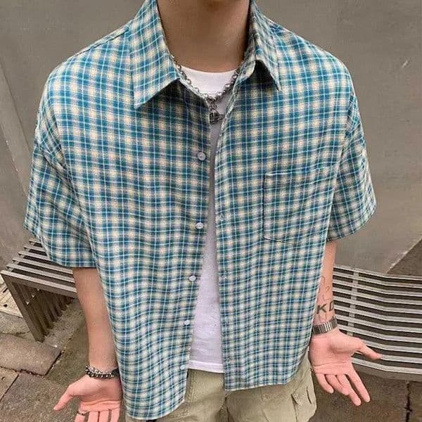 Men Shirt Designer Tshirt Casual Shirt Japanese Loose Vintage Plaid Check Short Sleeve Pocket Button Down Street Daily Summer Outfit