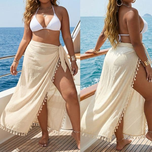 Bestseller Plus-Ize Omen's European And American Tyle Rap Ith Traps, Tassel Plicing, Ne-Piece Multi-Ear Beach Kirt Ddmylion Gging Suit