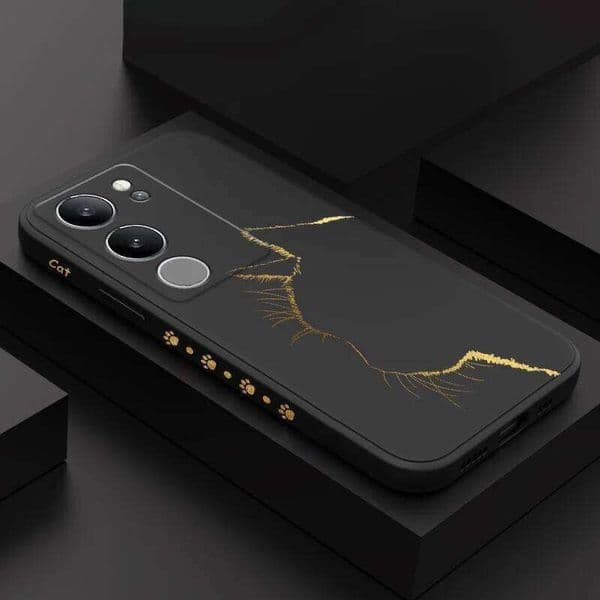 Black Gold Cat Phone Case For VIVO V50 V40 V30 V29 V29E V27 V27E V25 V25E V23 V23E V21 V20 Y20 Y12 Y21 Y22 Pro Silicone Cover