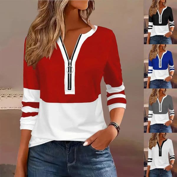 Plus Size Long Sleeve T-Shirt with Geometric Stripes Color Block Ring Zipper Detail - Fall Fashion 260602