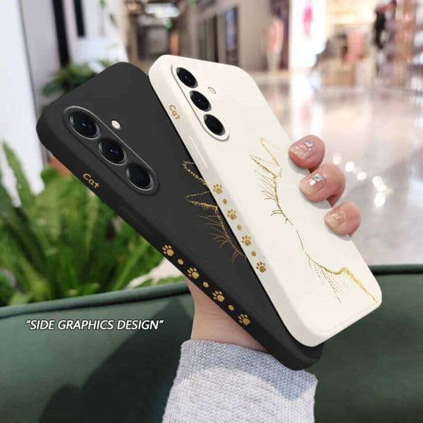 Black Gold Cat Phone Case For Samsung Galaxy A37 A57 Liquid Silicone Cover