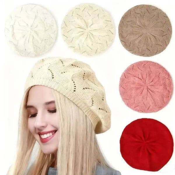 Women Knitted Beret Hat Solid Color Hollow Out French Artist Cap Spring Autumn Thin Crochet Beanie Casual Female Berets 260601