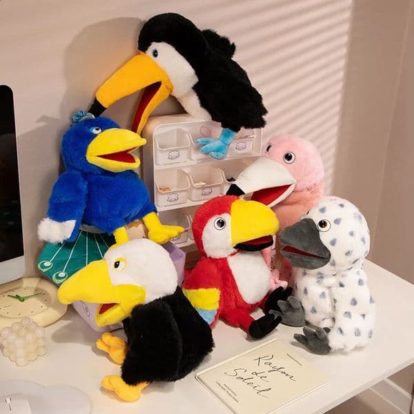 35cm Kawaii Bird Stuffed Plush Hand Puppets Toucan Parrot Owl Flamingo bald eagle Educational Toys For Family Playgame Time Doll 260601