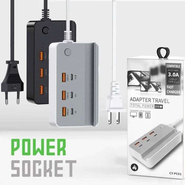 6-Port USB Type C Fast Charging Station with Phone Stand Desktop Power Strip PD Charger for Phone, US/UK/EU Plug Travel Adapter