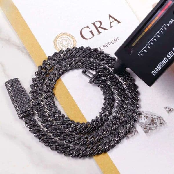 2rows 10mm 12mm S Sier Hip Hop Necklace Men Black Moissanite Cuban Link Chain For Fashion Jewelry