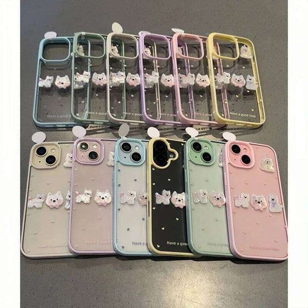 3D Doll Color Cute Puppy Case Compatible for IPhone 11 12 13 Pro Max 16 15 14 Plus Luxury Acrylic Couples Soft Cover