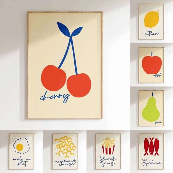 Modern Minimalist Wall Art Print Fruits Food Drinks Canvas Painting Stick Figures Poster Dinning room Kitchen Decor 26L0602