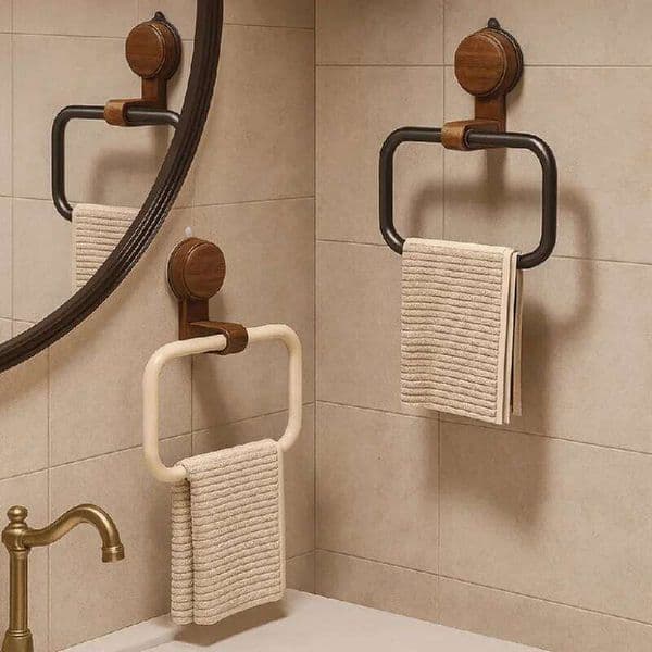 Walnut Suction Cup Ring, No-Drill Wall Mount Round Holder for Bathroom, Rustproof Wood Towel Bar