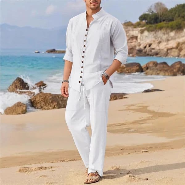 Mens Fashionable Cotton Linen Shirt Set Stand Collar Long Sleeves Two-Piece Set SpringAutumn Style 100 Natural Fiber 260530