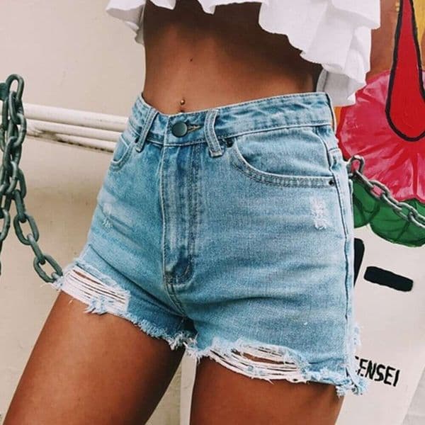 High-Waisted Ripped Tassel Denim Shorts For Women Women's Jeans 65D