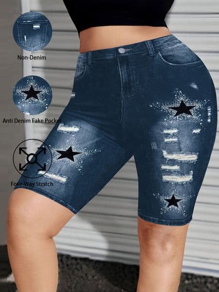 Sexy Plus Size Ripped Biker Shorts Y2K Star Print Faux Denim Pants High Waist Stretchy Clubwear Shorts 260602
