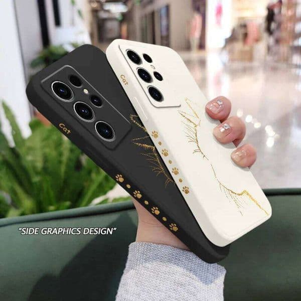 Black Gold Cat Phone Case For Samsung Galaxy S26 Plus Ultra Liquid Silicone Cover