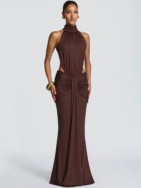 Mozision Turtleneck Backless Sexy Maxi Dress Women Gown Elegant Off-shoulder Sleeveless Ruched Bodycon Club Party Long Dress 260528