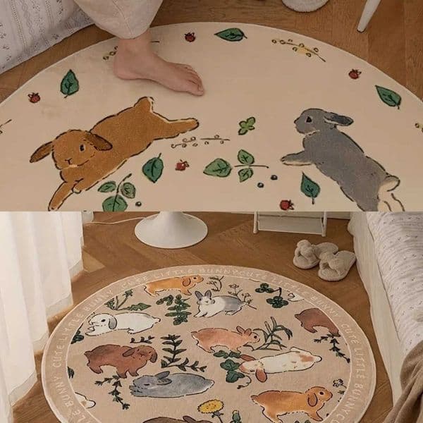 Round Fluffy Cartoon Carpet Living Room Animal Rabbit Cute Plush Bedroom Rugs for Kids Room Decoration Soft Children Play Mat L260602