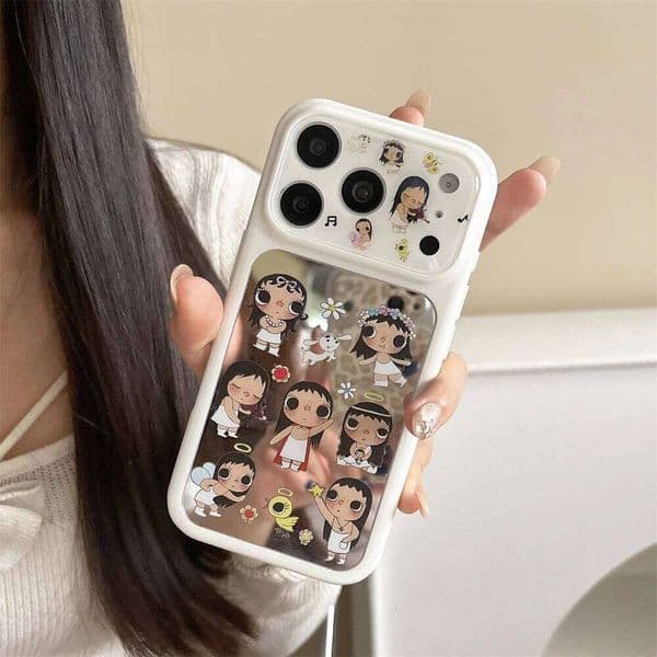 Korean Ins Mirror Cute Cartoon Girl Kawaii Phone case for iPhone 16 17 Max 15 Pro Fundas Shockproof Cover