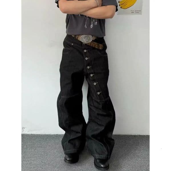 American Retro Long Row Button n Jeans Mens Loose Wide Leg FloorLength Trousers Trendy High Street Style Autumn Wear 260602