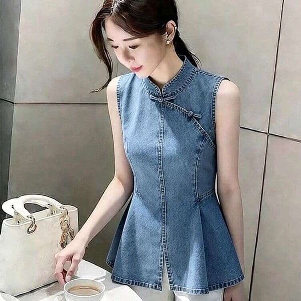 Chinese-Style Denim Blue Button-Down Shirt, Summer Design, Fashionable Stand-Up Collar, Korean-Style Sleeveless Top, In Stock