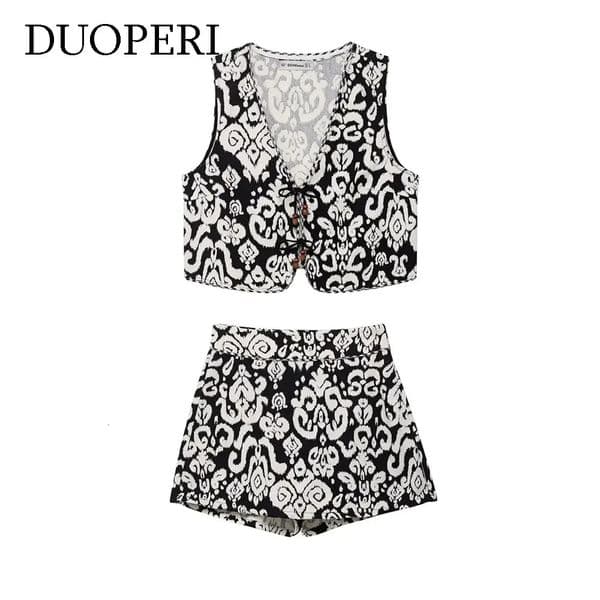 DUOPERI Women 2 Piece Set Printed V-Neck Vest Side Zipper Skirts Shorts Female Elegance Chic Casual Shorts Set 260602