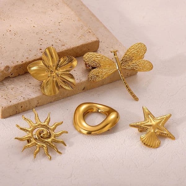 Gold Color Elegant Womens Brooch Geometric Spiral Sun Flower Decoration Pins Stainless Steel Waterproof Party Wedding Jewelry 260526
