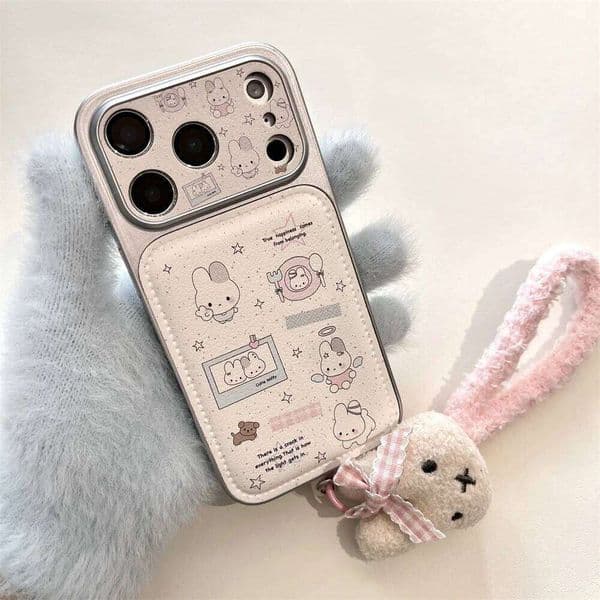 Kawaii Miffy Fashion Leather Phone Case for iPhone 17 13 14 15 16 Pro Max Fundas with Plush Rabbit Cute Shockproof Cover