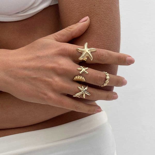 4Pcs/Set Starfish LATS Scallop Adjustable Open Rings for Women Summer Trendy Geometric Gold Color Beach Jewelry Accessory L260602