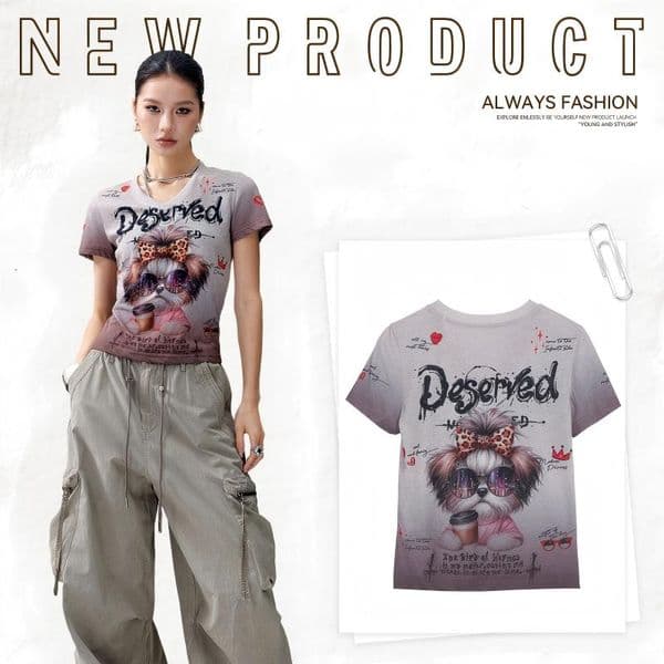 Summer new luxury brand high quality designer short sleeved hip-hop hottie trendy dog print slim fit T-shirt for women