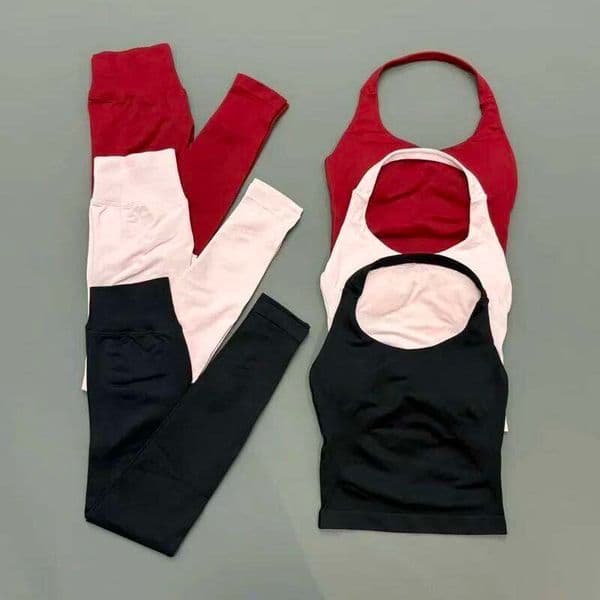 2 Piece Women Gym Set Seamless Halter Sports Top High Waist Leggings Tummy Control Squat Proof Yoga Fitness Activewear 26L0602