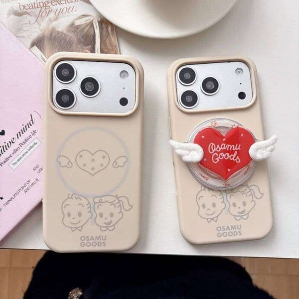 Cartoon boy and girl love wings with magnetic holder mobile phone case, suitable for iPhone 14/15/16/17 Pro Max, protective case