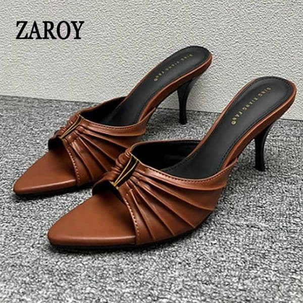 ner Thin High Heels Women Slippers Summer Metal Pleated Sexy Pointed Toe Slip On Slides Outdoor Mules Pumps Sandals 260602
