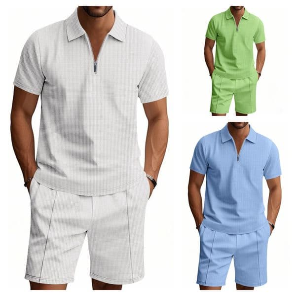 Summer Mens Solid Waffle Polo T-shirt And Shorts Set Loose Fit Lapel Casual Two Piece Outfit Daily Wear Suit