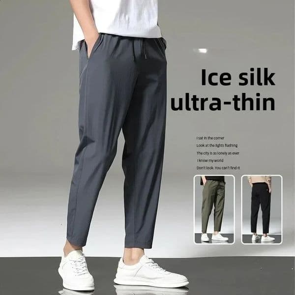 Mens Summer Thin Ice Silk Casual Quick Dry Elastic Pants Breathable Loose Straight Leg Sporty Comfortable Lightweight Trousers 260601