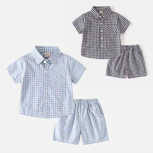 2PCS Summer Kids Boys Plaid Set Turn Down Collar Boys Polo Style Short Sleeve T-shirt Shorts Children Polo Tee Outfit 260601
