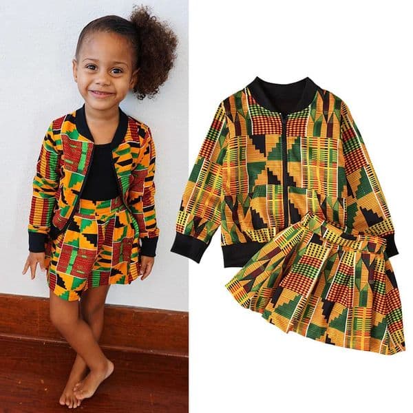 African Outfit Ankara Kente Print Child Girls Bomber Jacket Skirt 2 Pieces Set Boho Traditional Toddler Coat Outfit For Infant 260602