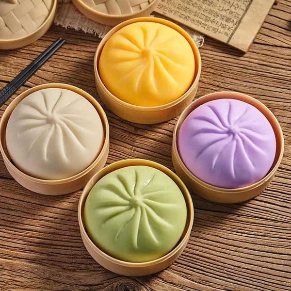 Colorful Dumpling Squishes Stress Balls Fidget Sensory Toys Simulation Food Squishies Bun with Steamer Squeeze Dough Ball Gifts T260602