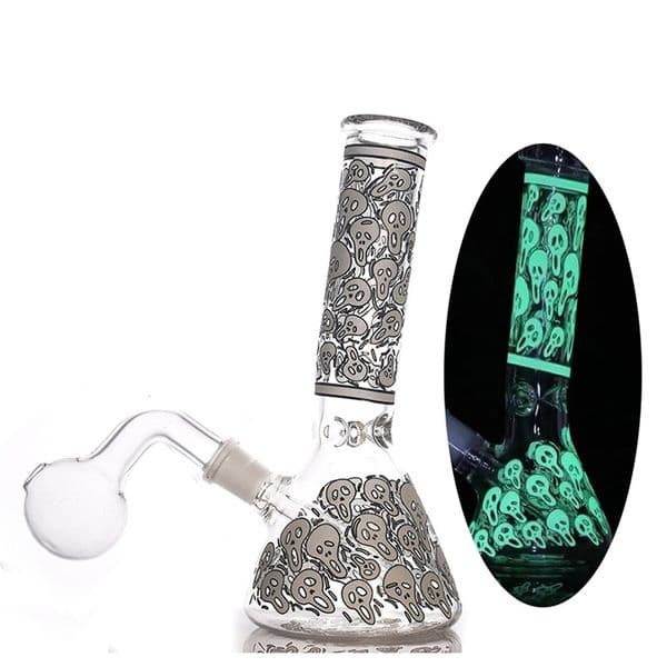 14mm female Grow in Dark Luminous colorful Skull Glass Oil Burner Bong Dry Herb Tobacco Pipe Blunt Bubbler Water Tobacco Pipe with downstem Smoking banger bowl