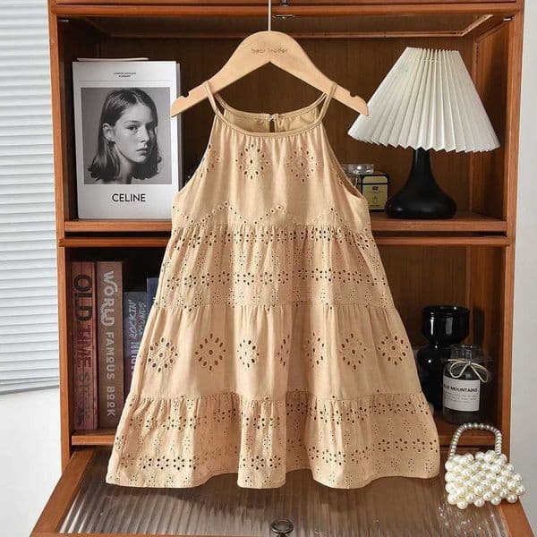 2026 Kids Clothing Korean Dress for Girls Solid Color Lace Hollow-out Suspenders Dresses Plain Cotton Girls Summer Clothes L260602W15S
