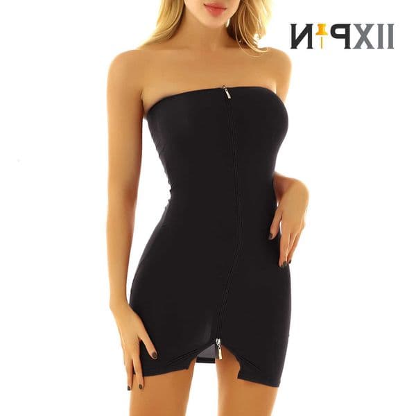 Party Club Womens Bodycon Mini Dress Strapless Double-ended Zipper Tube Dress Erotic Sheer Babydoll Stretchy Nightwear Sleepwear L260603