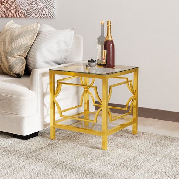 19.7" Modern Gold Square Side Table With Tempered Glass Top Storage Shelf Luxury Glam End Table Luxurious Furniture for Living Rooms Sofa Side Small Space Accent Table