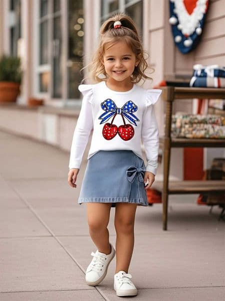 Girls set cherry bow print sweet round neck long sleeved top paired with denim skirt casual and simple L260602EVNH