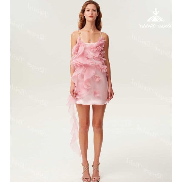Pink Romantic Short Prom Dress 3D Floral Ruffle Evening Dress Spaghetti Strap Homecoming Dress vestidos de fiesta Customized L260603