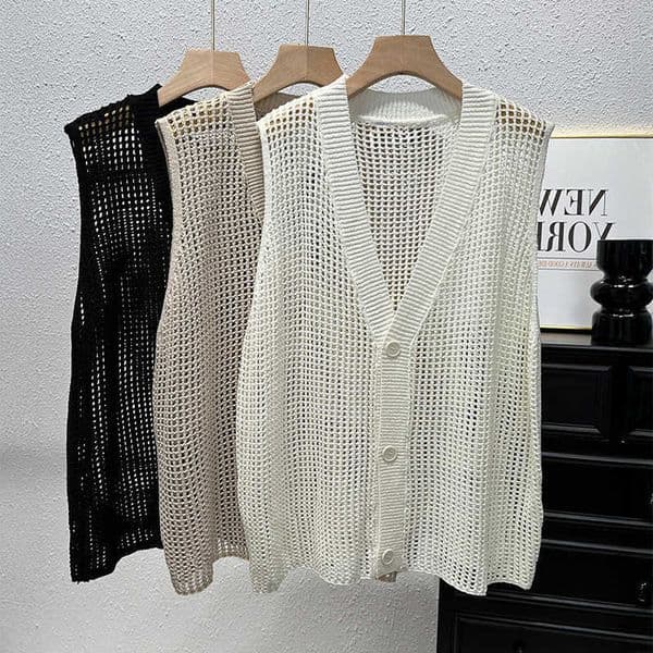 Vest Button Down Crochet for Women V-Neck Sleeveless Openwork Waistcoat Top Summer Boho Chic Vintage Outfit M260603
