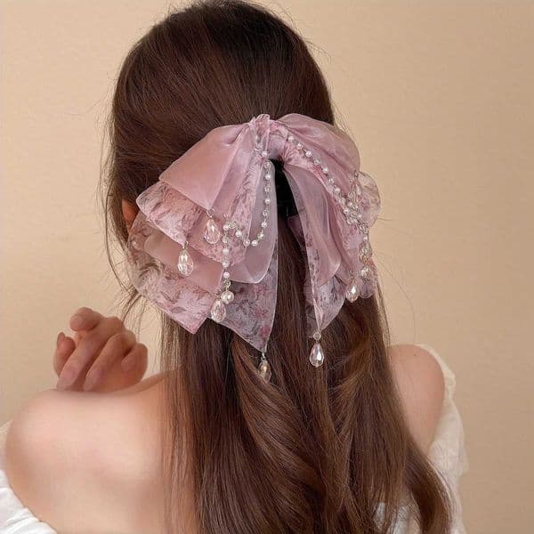 Crystal Tassel Burgundy Hair Clip - Watercolor Floral Design with Large Bow Elegant Half-Up Hair Claw for Women M260603