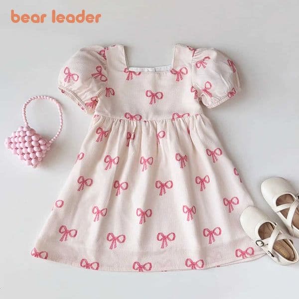 Short Sleeved Girls Bear Leader Clothing Summer New Bow Print Casual Dresses Sweet and Cute Kids Clothes for 3-7 Years Wear M260603