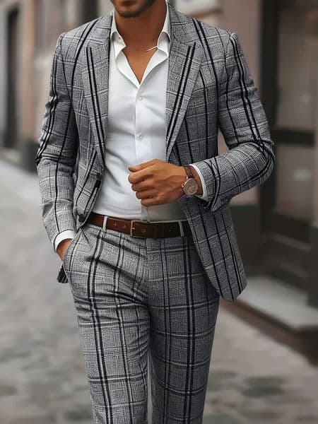 European American Style Mens Business Fashion High Quality Grey TwoPiece Suit Plaid Print Casual 260603