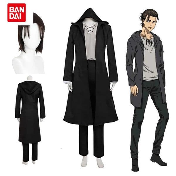 Jaeger Eren Cosplay Costume Anime Titan Costume Wig Cosplay Eren Yeager Black Hooded Trench T-shirt Pants Halloween Clothes L260603QJA5