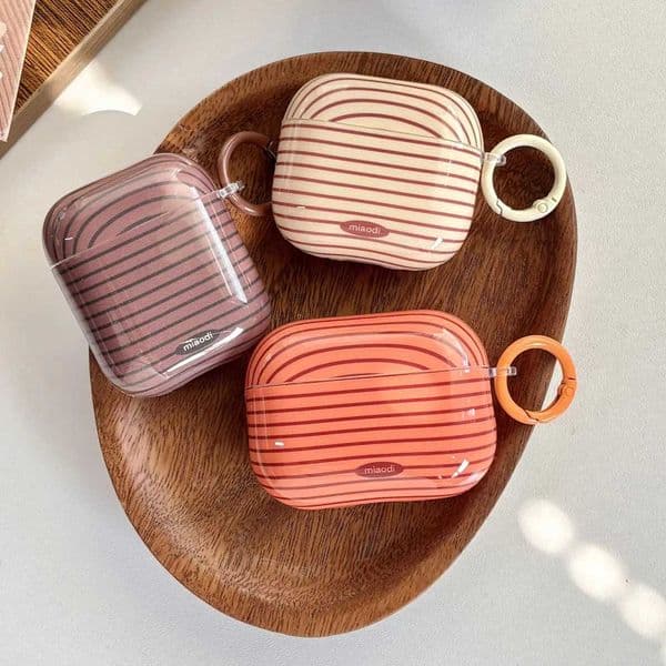 Retro Simple Orange Beige Brown Across Stripe Glossy Protective Cover Case For AirPods 1 2 3 4 Pro Pro2 Pro3 with RingT260602