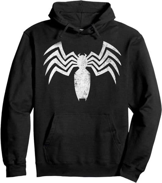 Cotton Mens Flce Hoodie with Symbiote Emblem White Ink Radial Leg Design on Black Pullover Front Pocket D260603