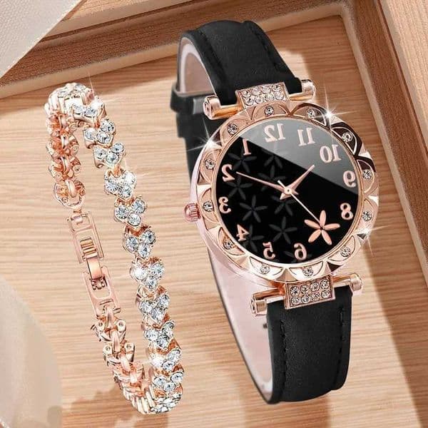 Set 2PCS Womens Luxury Trendy Flower Elements Digital Scale Dial Quartz Suitable for Daily Clothing Matching L260603