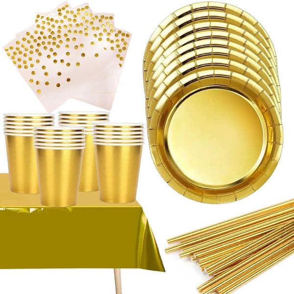 Golden Tableware Gold Cups Birthday Disposable Party Plates Decorations Disposable Kids Adult Wedding Bachelor Party Supplies C260603